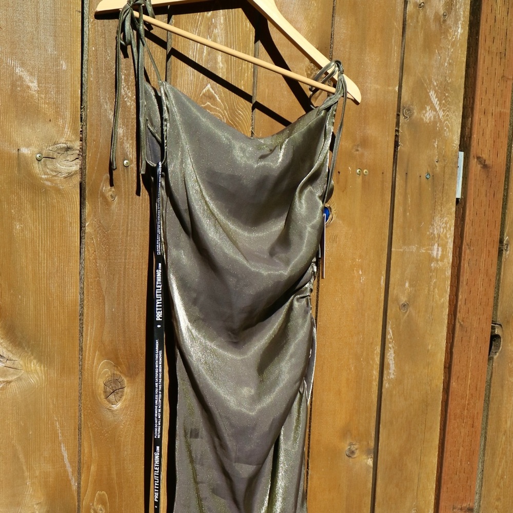 Khaki green metallic shimmer cowl neck midi dress